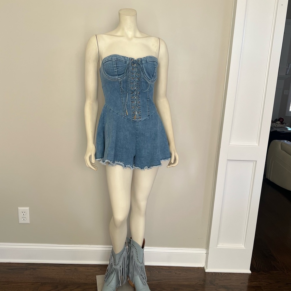 Fashion Nova Blue Denim Corset jumper SZ. Large - Picture 11 of 12